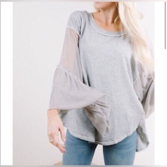 Free People Still Got It Grey Mesh Bell Sleeve Top - Picture 1 of 7
